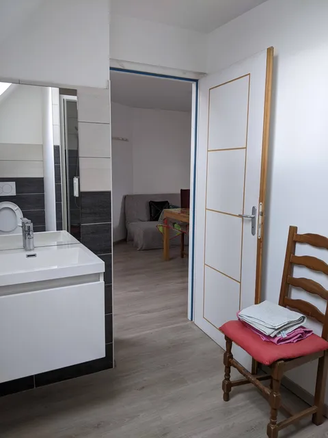 Lavabo de la salle de douche, vue vers le séjour et son canapé-lit